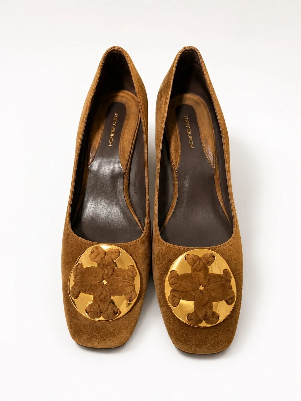Tory Burch Brown Suede Loafers with Gold Logo Medallions Sz 8M